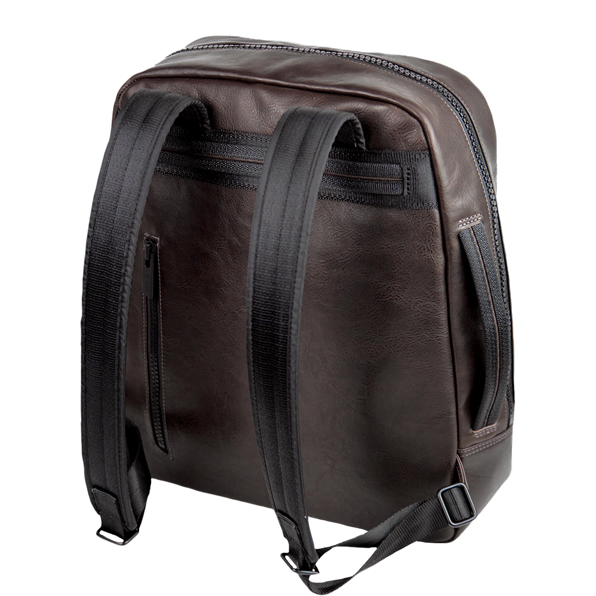 backview of a brown leather backpack, with a vertical zip compartment on the back