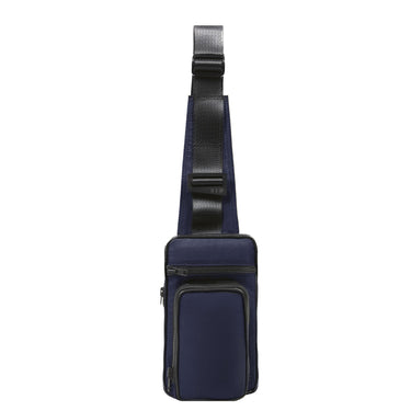 Navy blue crossbody bag with a black strap on a white background