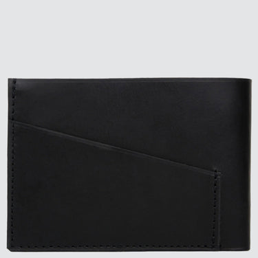 back view of an upcycled black leather wallet with a card holder slot