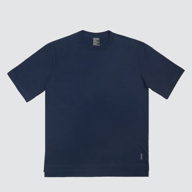 A japandi-style t-shirt in navy cotton,with 1/3 length sleeves and a step-change between the front and back bottom