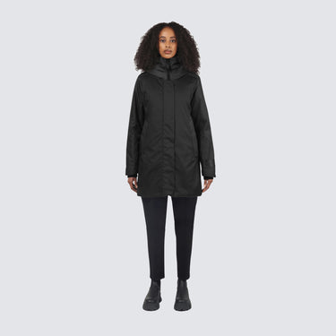 woman wearing a black coat on a white background