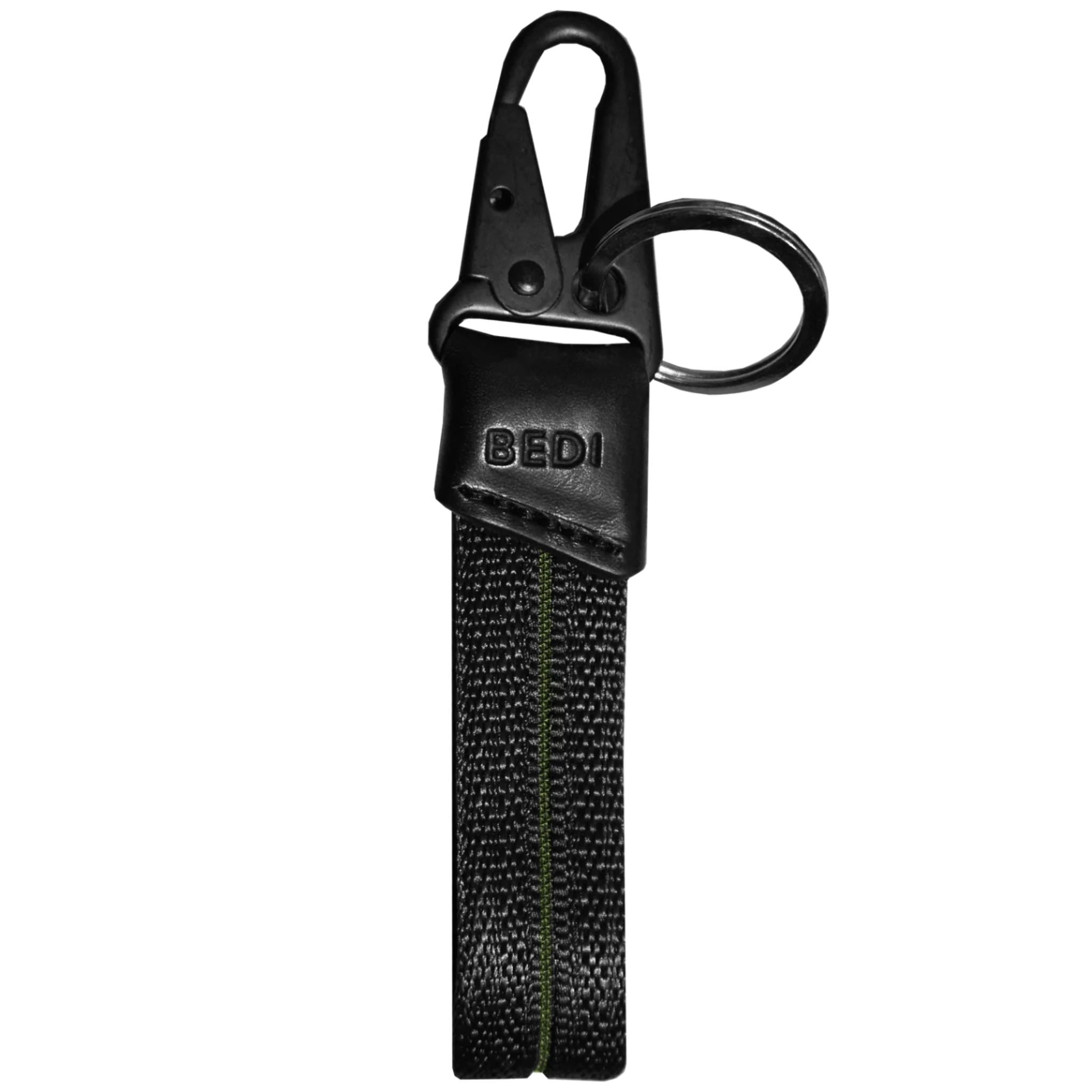 Black keychain made from seatbelt material, with thin line of inset green down the middle