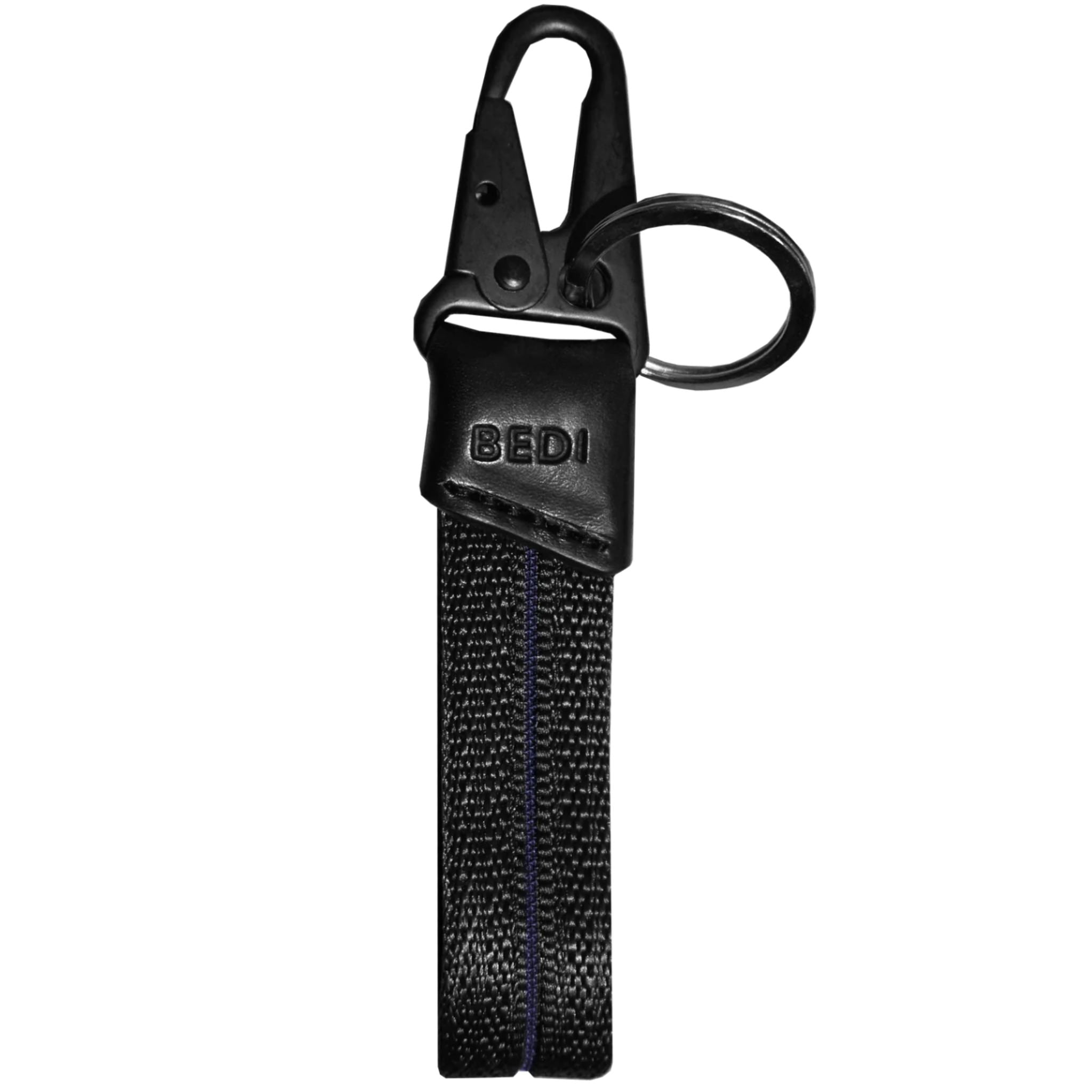 Black keychain made from seatbelt material, with thin line of inset blue down the middle