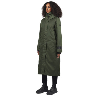 women's long green winter coat on a female model against a plain background