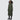 women's long green winter coat on a female model against a plain background