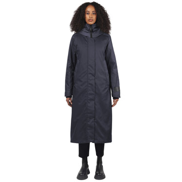 Navy blue long women's winter coat on a female model