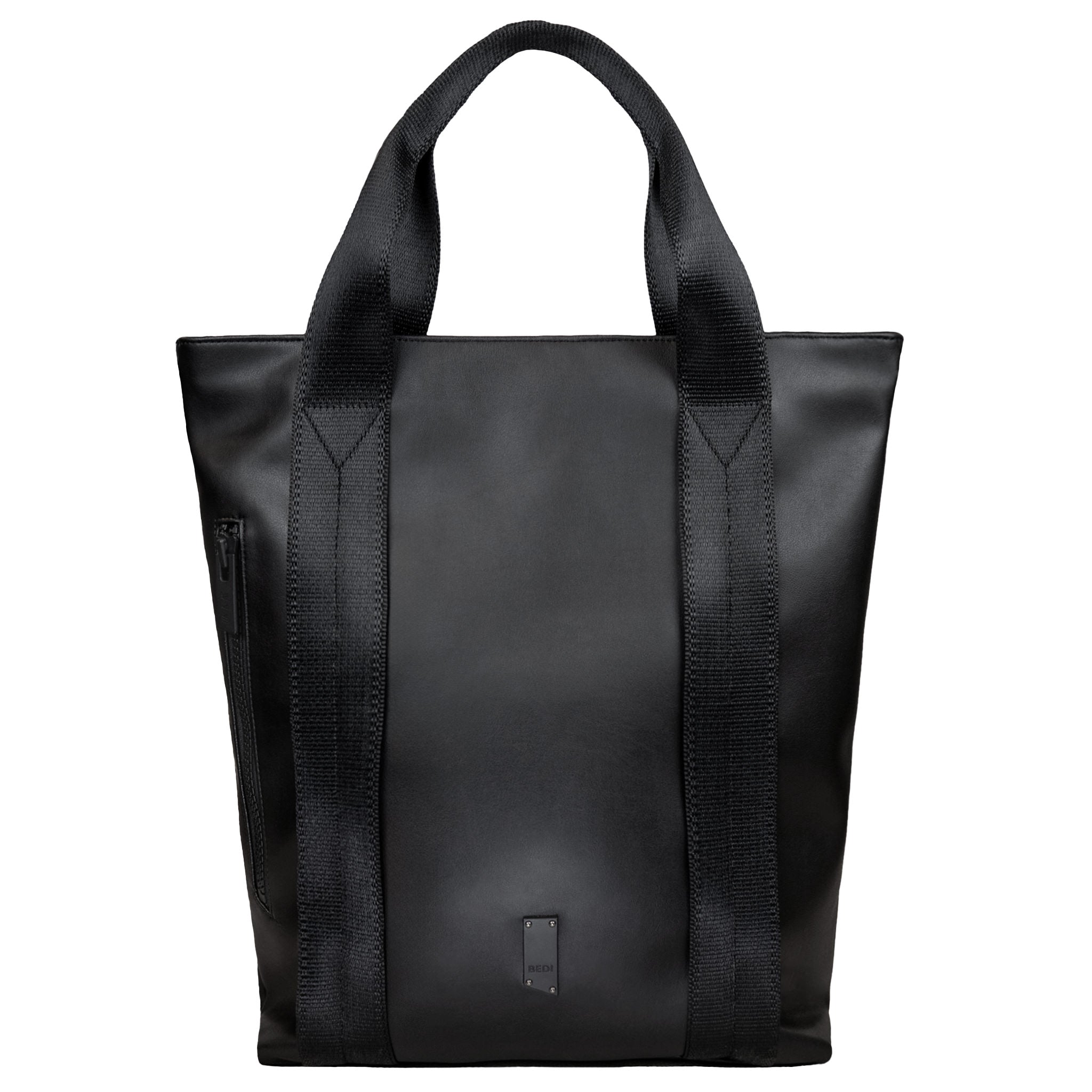 Front view of a totepack, with a vertical front zipper pocket, and a strap made of black seatbelts. The material is a black vegan leather