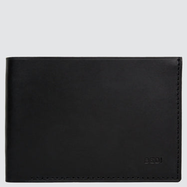 front view of a simple black leather wallet made with leather from old car seats