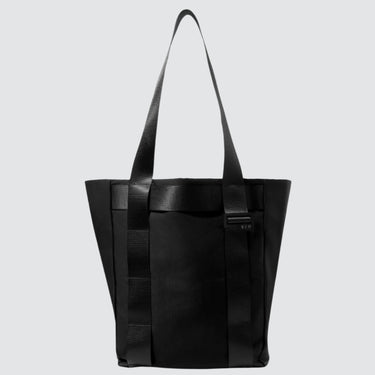 Medium sized Black tote bag, utilitarian style. On a white background.