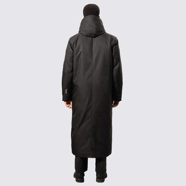 Back view of male model wearing a full-length winter coat in black