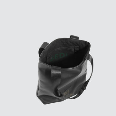 open view of of utilitarian style medium sized tote in black vegan leather (Desserto)