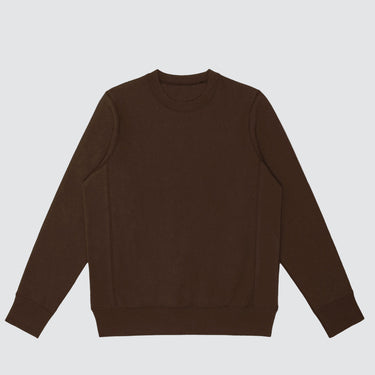 Front view of brown heavyweight knit crewneck sweater in 100% cotton