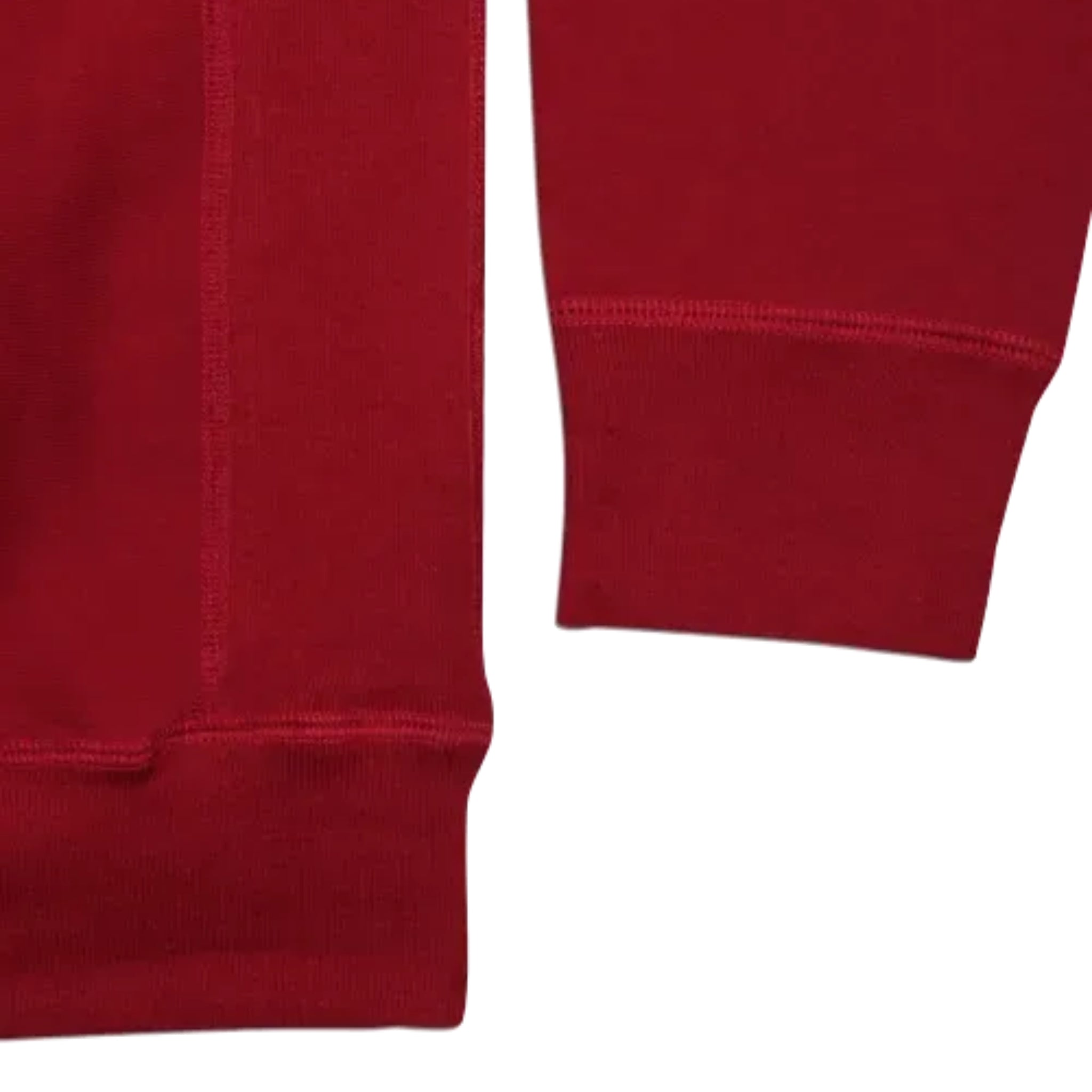 Sleeve close up of the red heavyweight crewneck in 100% cotton on white background