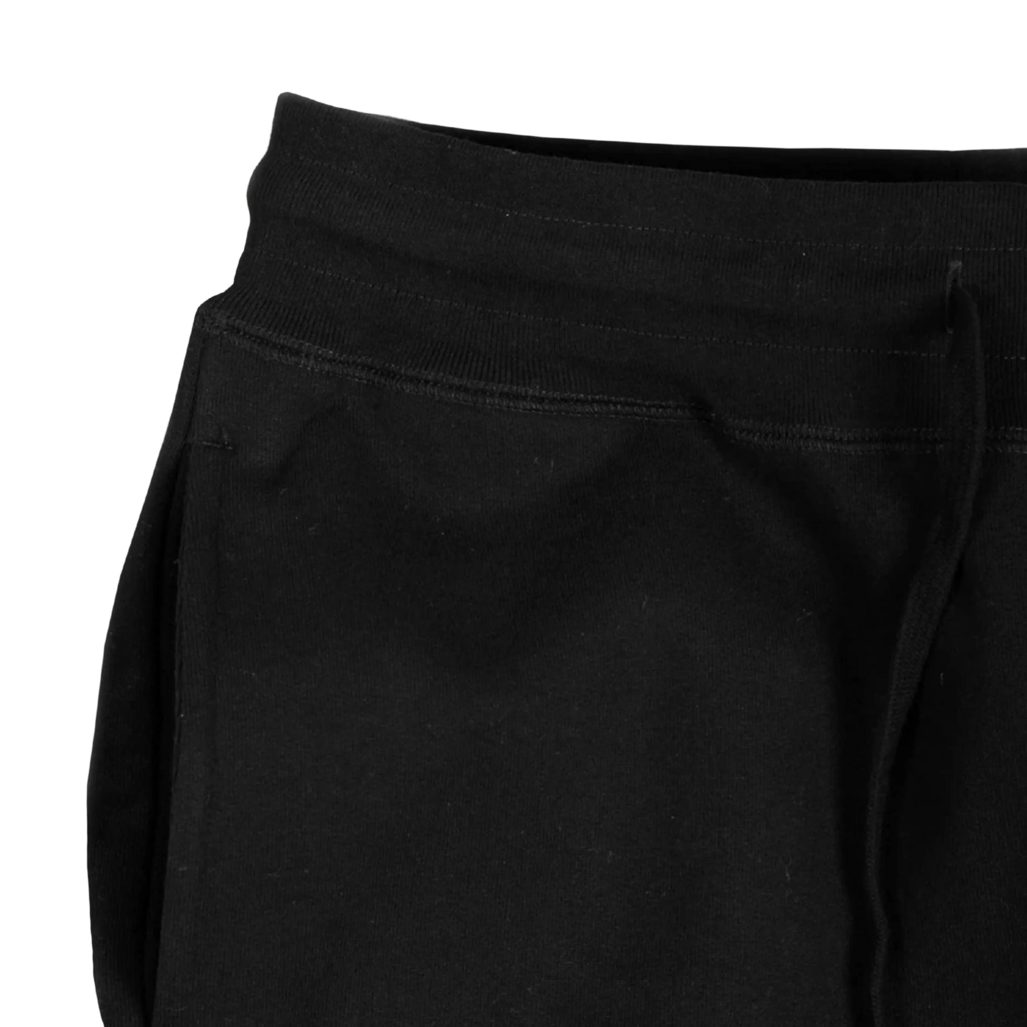 close up view of black heavyweight knit joggers against white background
