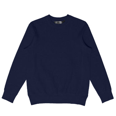 front view of a Bedi' "second life" program navy crewneck against a white background
