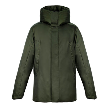 Front view of a forrest Bedi' "second life" program. green coat against a white background