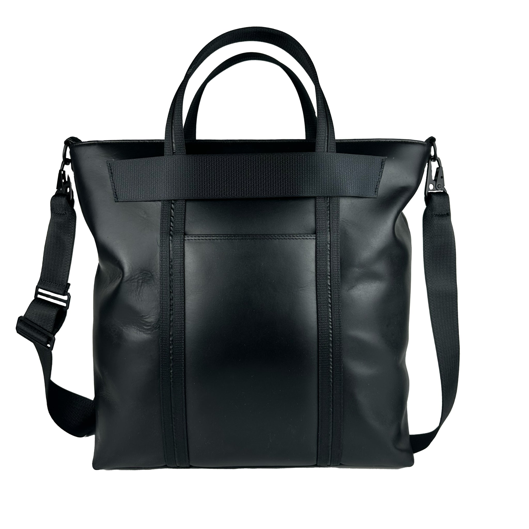 Back view of our work/office tote in black upcycled leather against a white background