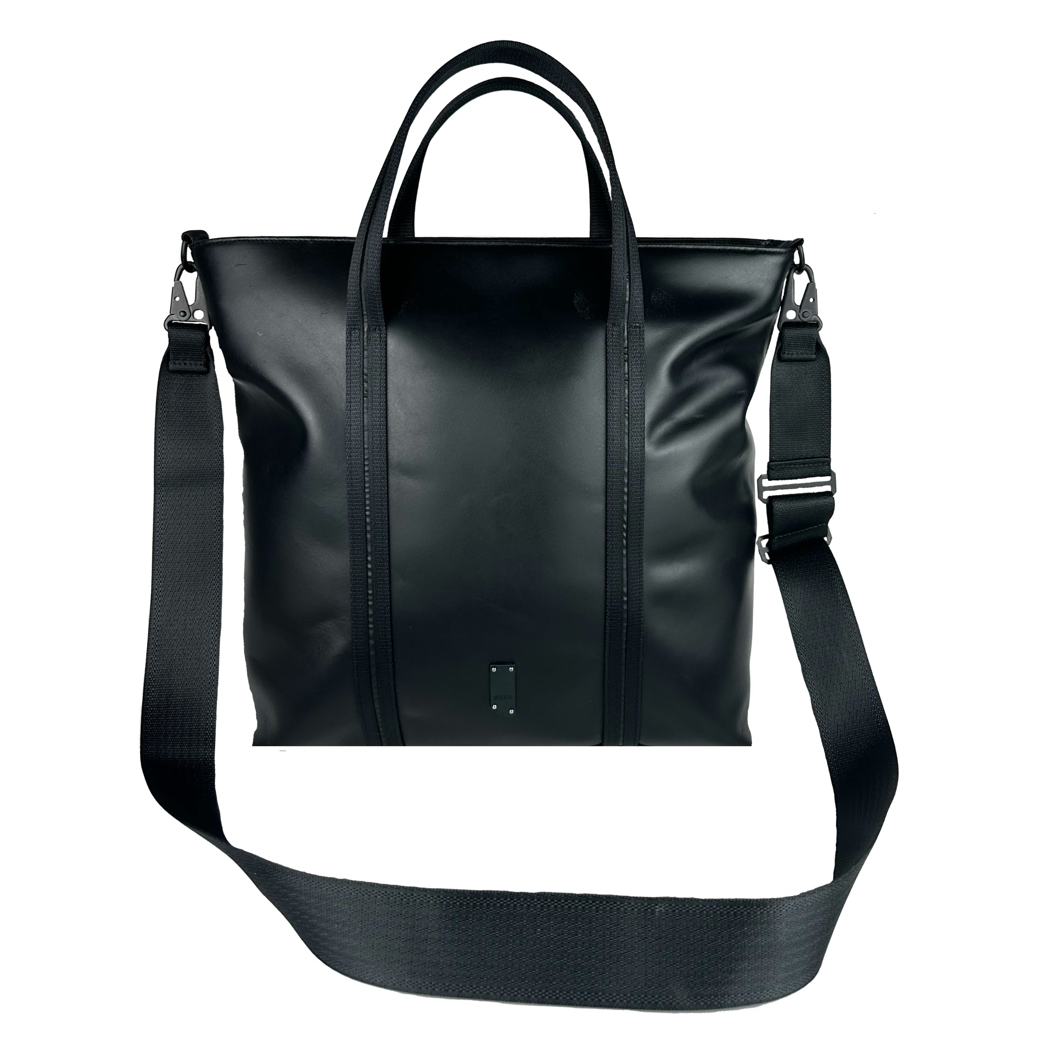 Front view (with handle detail) of our work/office tote in black upcycled leather against a white background