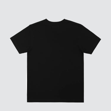 back view of a black cotton t-shirt against a white bkground.
