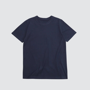 Front view of a navy 100% cotton t-shirt against a white background.