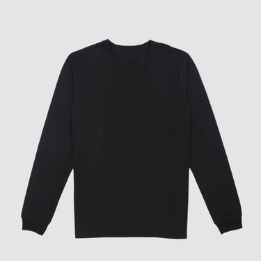 Front view of black long sleeve tee, front center on a white background.