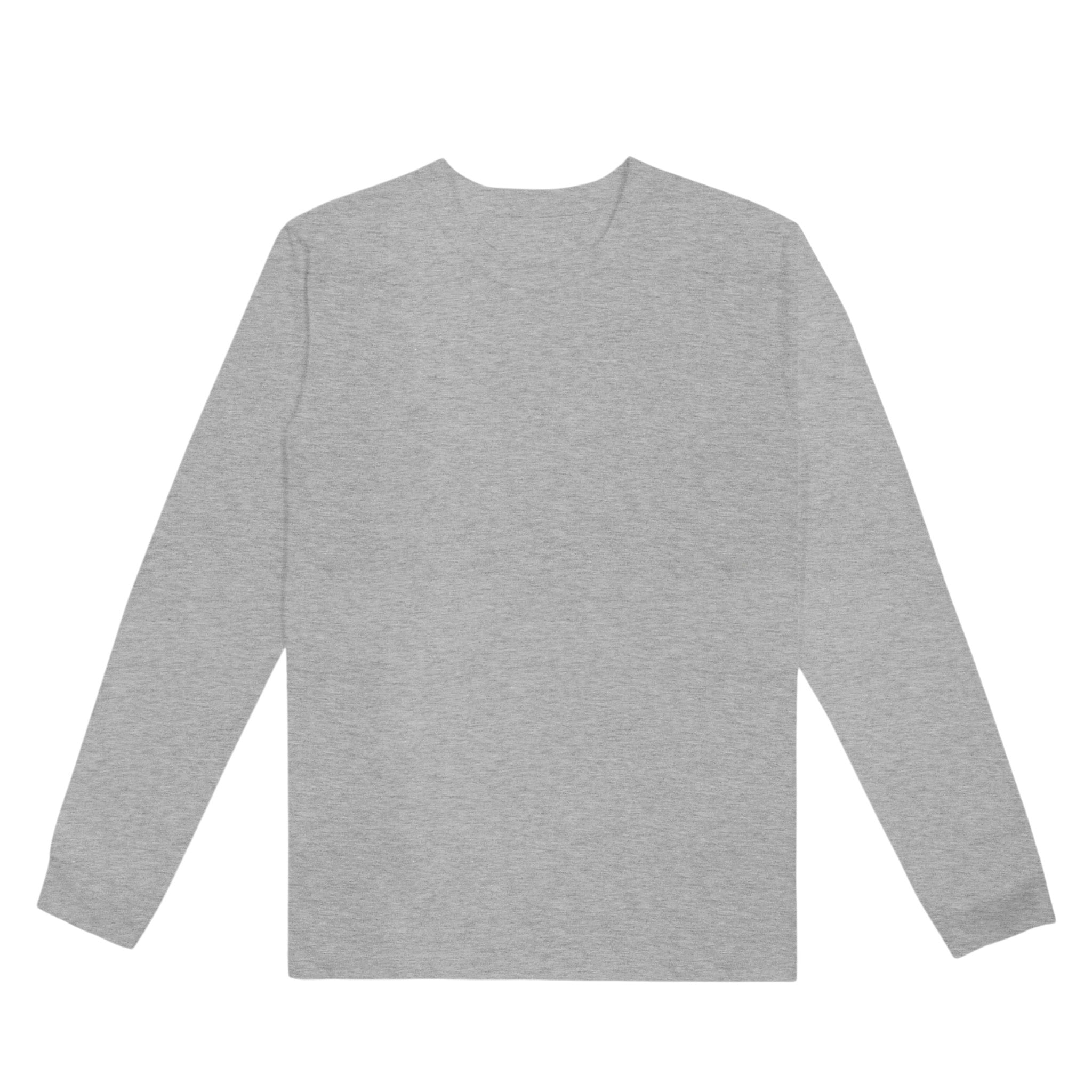 front view of grey long sleeve tee, front center on a white background.