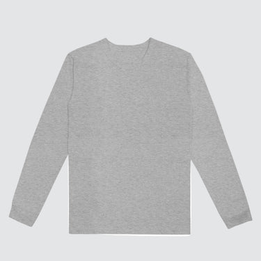 front view of grey long sleeve tee, front center on a white background.