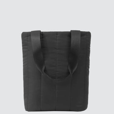 A black puffer tote bag with a black seatbelt strap in front of a plain background