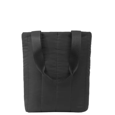 Black tote bag with handles on a white background