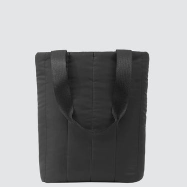 Black tote bag with handles on a white background