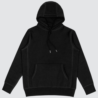 Thick black hoodie made with 100% cotton, on a white background.