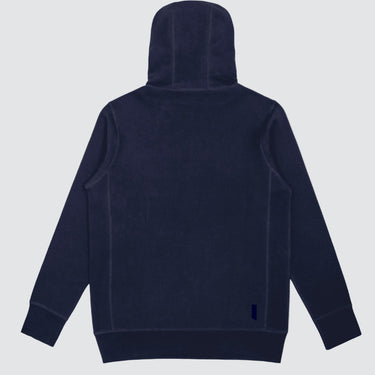 Back view of a navy blue. thick cotton hoodie