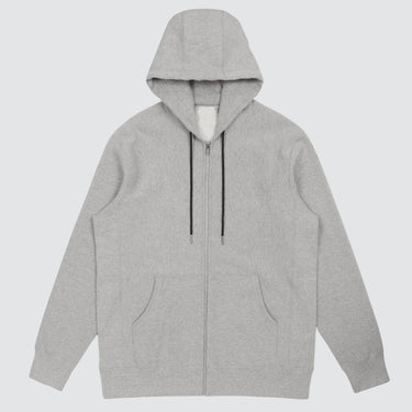 Front view of heavyweight zip hoodie in grey cotton on a white background
