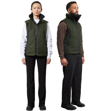 A male and a female model stand wearing a unisex green vest