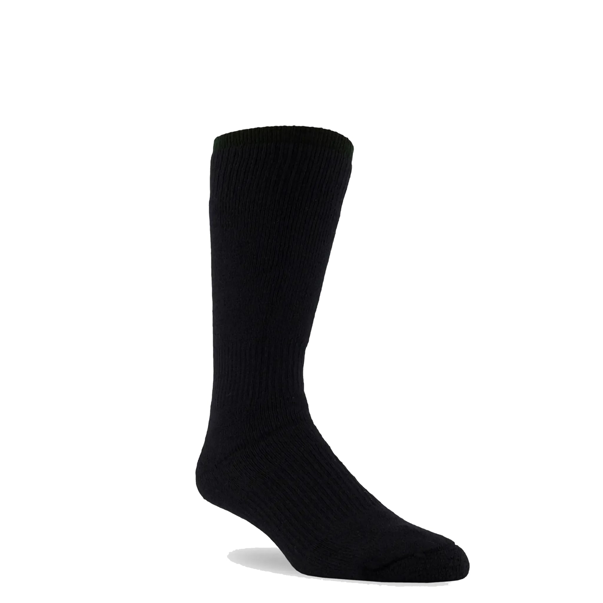 one black heavyweight sock standing on its own on a white background