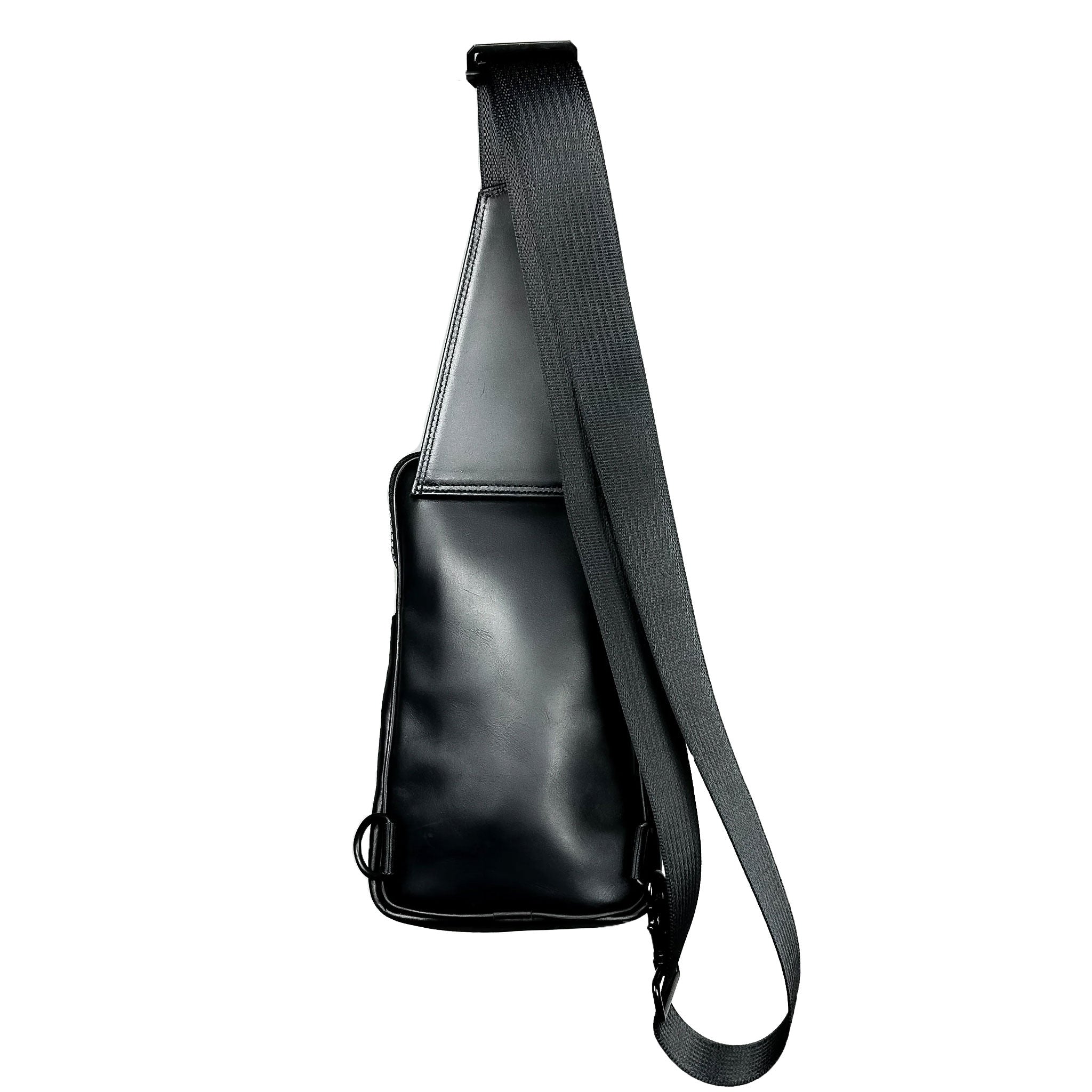 The back of a sling in black upcycled leather with a sleek finish on a white background.