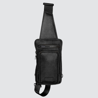 a black leather sling bag with a front pocket, middle pocket and top zip.
