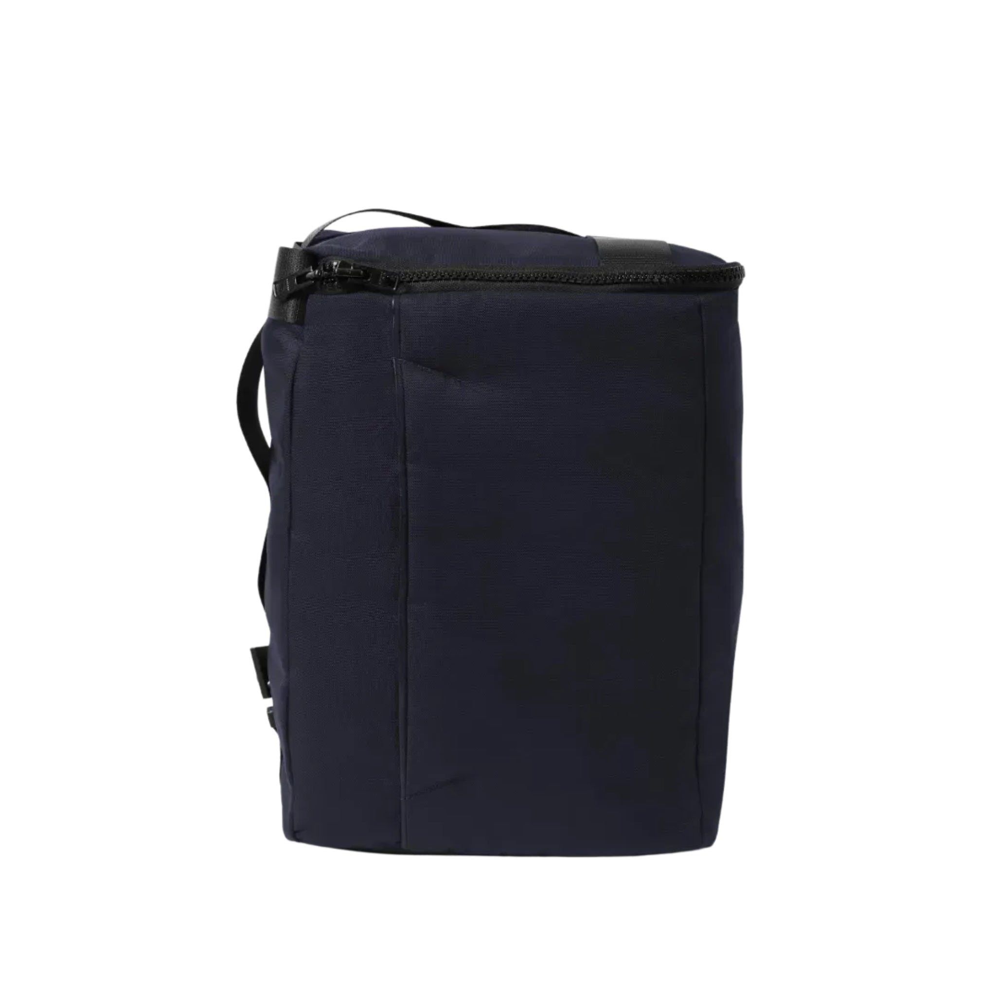 Interesting rectangular shaped backpack in navy upcycled material on a white background.