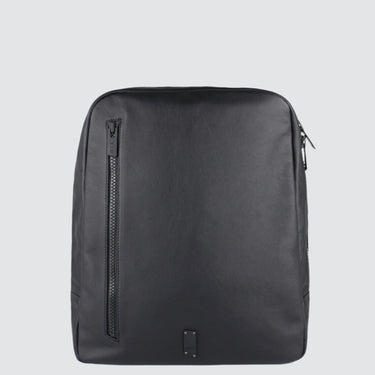 A black leather backpack with a zip pocket in the front, and a briefcase-style handle on the side