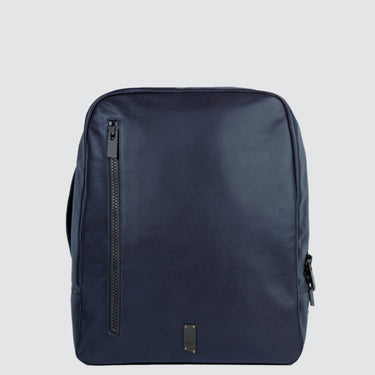 A navy blue leather backpack with a zip pocket in the front, and a briefcase-style handle on the side