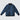 A navy blue quilted jacket with black trim on the collar, cuffs, and hem, displayed flat against a light gray background.