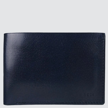 A front view of a navy wallet made with leather salvaged from airplane seats