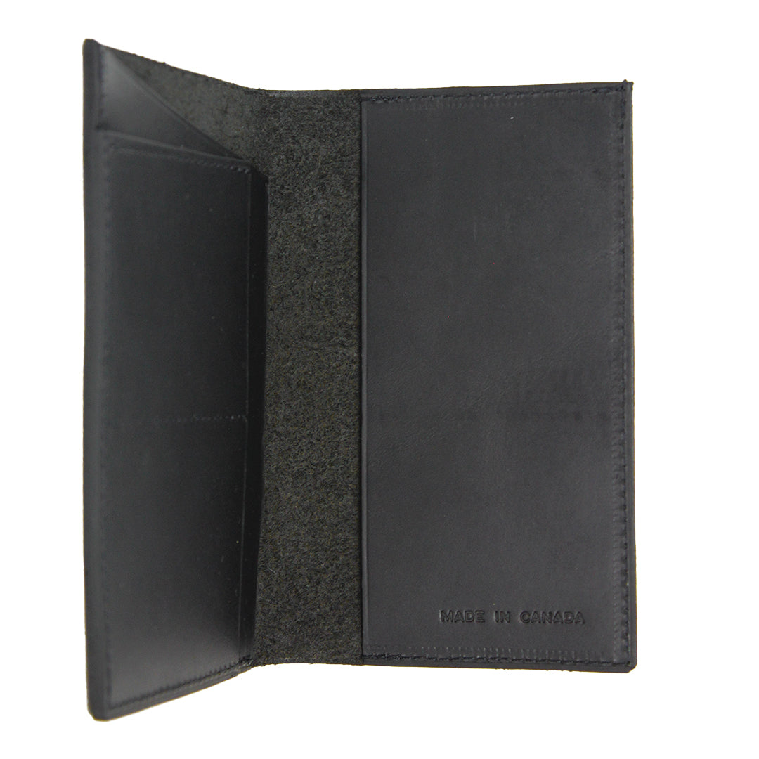 Open view of passport wallet in black upcycled leather