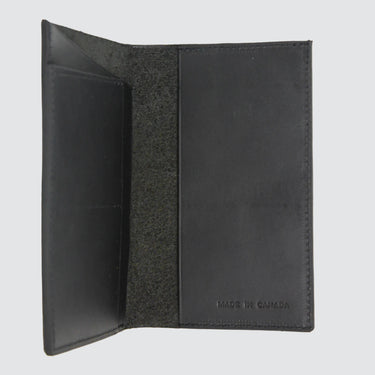 Open view of passport wallet in black upcycled leather