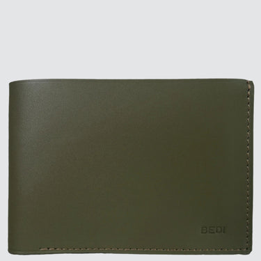Front view of a simple green leather wallet