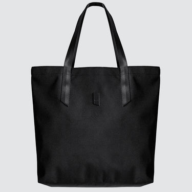 a black nylon tote bag on a white background