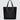A black nylon tote bag with black medium-length straps and a black patch with gold logo text
