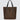 Brown tote bag with black handles on a light gray background