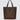 A brown nylon tote bag with black medium-length straps and a black patch with gold logo text