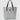 Gray tote bag with black handles on a light gray background